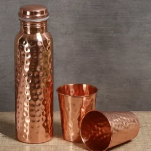 Hammered Finish - 100% Pure Copper Bottle Set with 2 Glasses